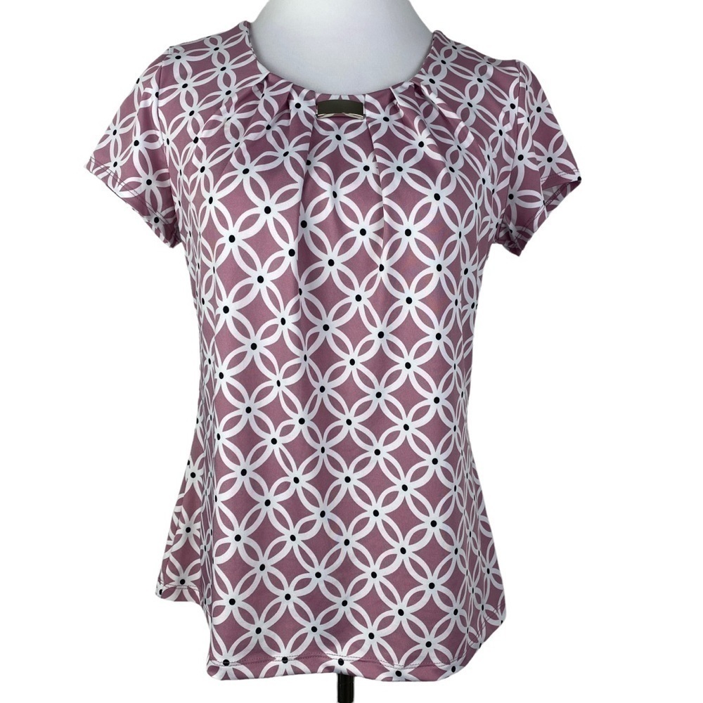 Notations Pleated Floral Blouse Women's Small Pink White Silver Bar Embellished